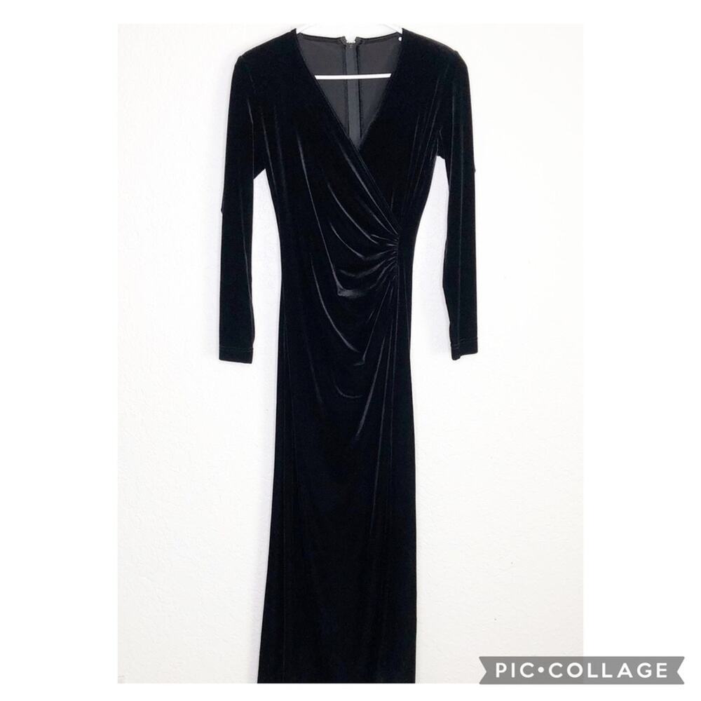 Tadashi black velvet faux wrap maxi dress size 10 elegant cocktail holiday party